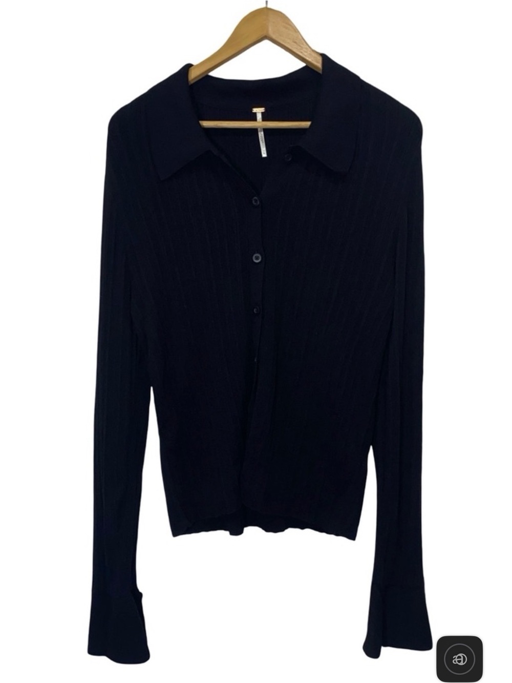 Free People Black Button-Down Ribbed Long-Sleeve Shirt